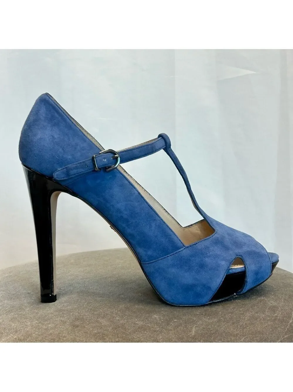 Kenneth Cole blue suede leather T-bar strap Au Cafe Platform high heels Sz 9